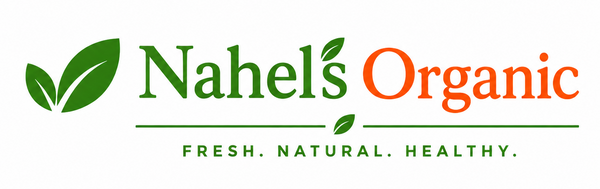 Nahel's Organic logo with green leaves on a white background
